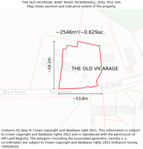 THE OLD VICARAGE, BURY ROAD, RICKINGHALL, DISS, IP22 1HA: Plot and title map