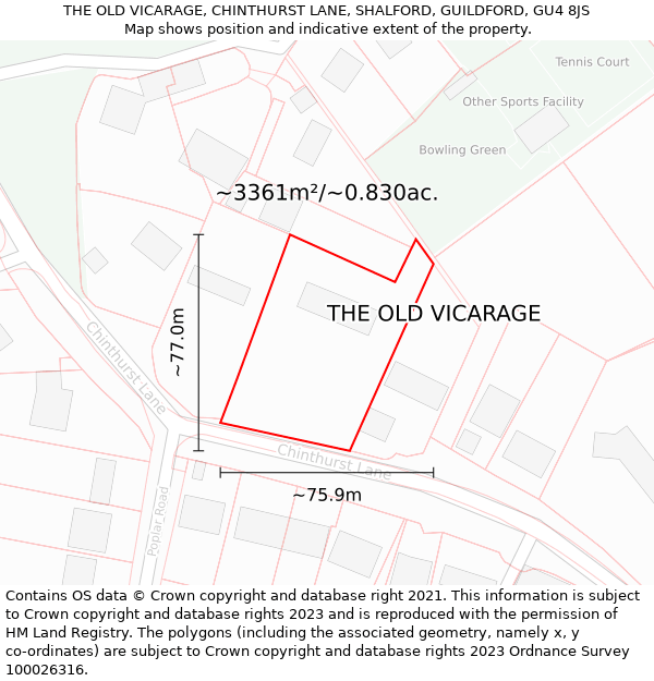 THE OLD VICARAGE, CHINTHURST LANE, SHALFORD, GUILDFORD, GU4 8JS: Plot and title map