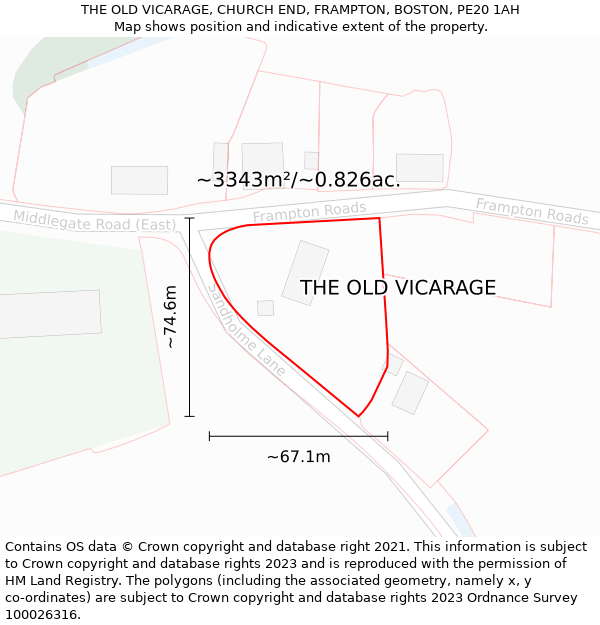 THE OLD VICARAGE, CHURCH END, FRAMPTON, BOSTON, PE20 1AH: Plot and title map