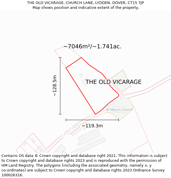 THE OLD VICARAGE, CHURCH LANE, LYDDEN, DOVER, CT15 7JP: Plot and title map