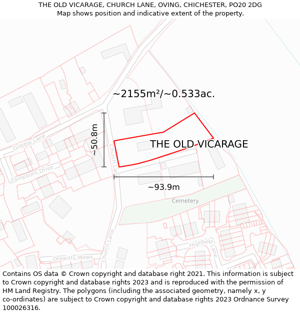 THE OLD VICARAGE, CHURCH LANE, OVING, CHICHESTER, PO20 2DG: Plot and title map