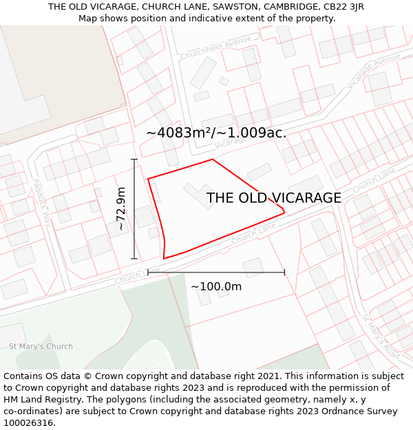 THE OLD VICARAGE, CHURCH LANE, SAWSTON, CAMBRIDGE, CB22 3JR: Plot and title map