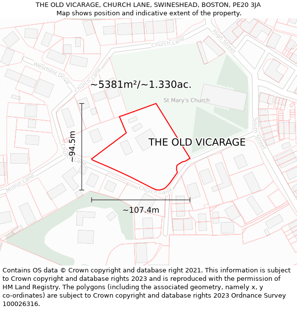THE OLD VICARAGE, CHURCH LANE, SWINESHEAD, BOSTON, PE20 3JA: Plot and title map