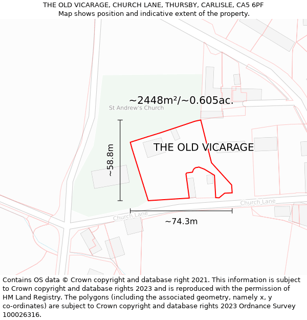 THE OLD VICARAGE, CHURCH LANE, THURSBY, CARLISLE, CA5 6PF: Plot and title map