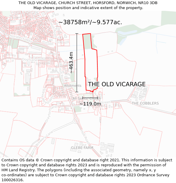 THE OLD VICARAGE, CHURCH STREET, HORSFORD, NORWICH, NR10 3DB: Plot and title map