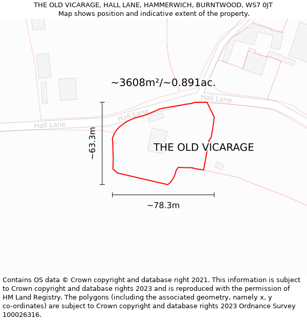 THE OLD VICARAGE, HALL LANE, HAMMERWICH, BURNTWOOD, WS7 0JT: Plot and title map