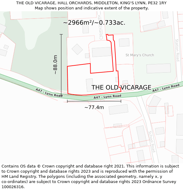 THE OLD VICARAGE, HALL ORCHARDS, MIDDLETON, KING'S LYNN, PE32 1RY: Plot and title map