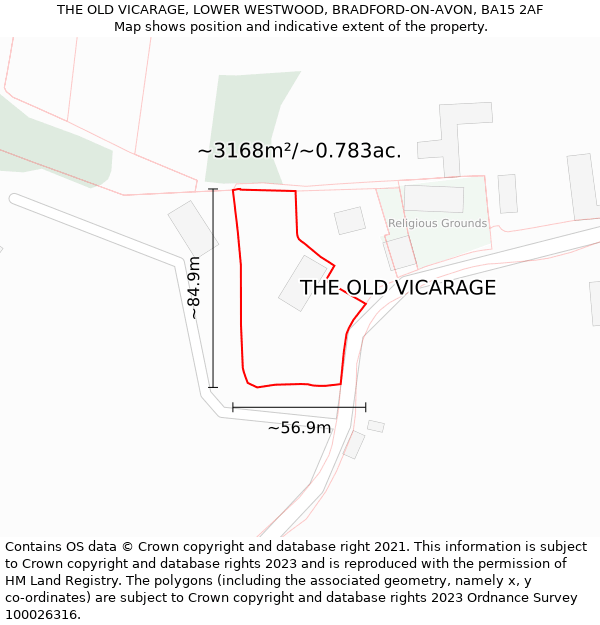 THE OLD VICARAGE, LOWER WESTWOOD, BRADFORD-ON-AVON, BA15 2AF: Plot and title map