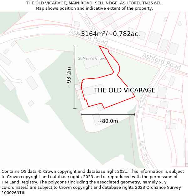 THE OLD VICARAGE, MAIN ROAD, SELLINDGE, ASHFORD, TN25 6EL: Plot and title map