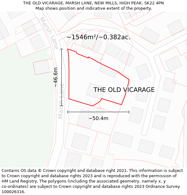 THE OLD VICARAGE, MARSH LANE, NEW MILLS, HIGH PEAK, SK22 4PN: Plot and title map