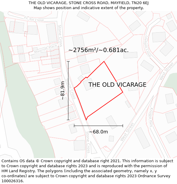 THE OLD VICARAGE, STONE CROSS ROAD, MAYFIELD, TN20 6EJ: Plot and title map