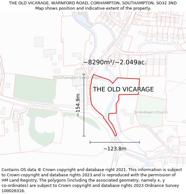 THE OLD VICARAGE, WARNFORD ROAD, CORHAMPTON, SOUTHAMPTON, SO32 3ND: Plot and title map