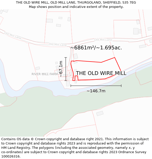 THE OLD WIRE MILL, OLD MILL LANE, THURGOLAND, SHEFFIELD, S35 7EG: Plot and title map