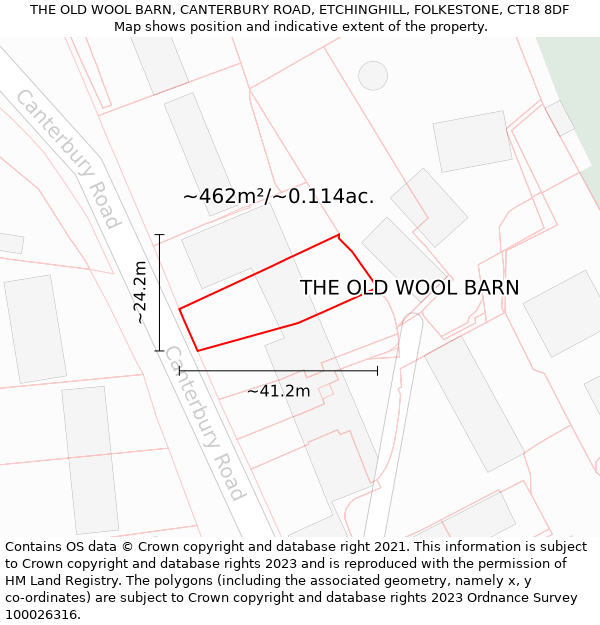 THE OLD WOOL BARN, CANTERBURY ROAD, ETCHINGHILL, FOLKESTONE, CT18 8DF: Plot and title map