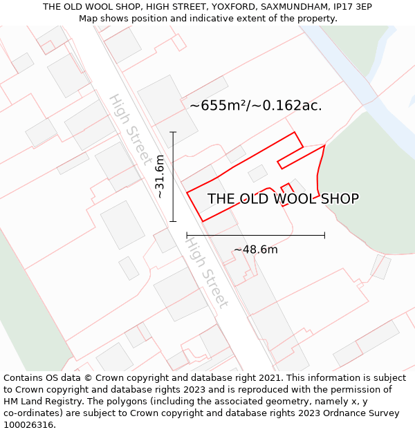 THE OLD WOOL SHOP, HIGH STREET, YOXFORD, SAXMUNDHAM, IP17 3EP: Plot and title map