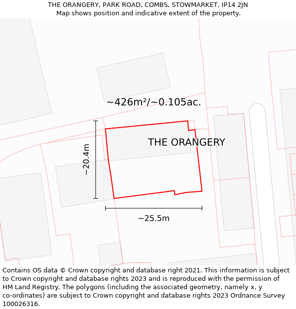 THE ORANGERY, PARK ROAD, COMBS, STOWMARKET, IP14 2JN: Plot and title map