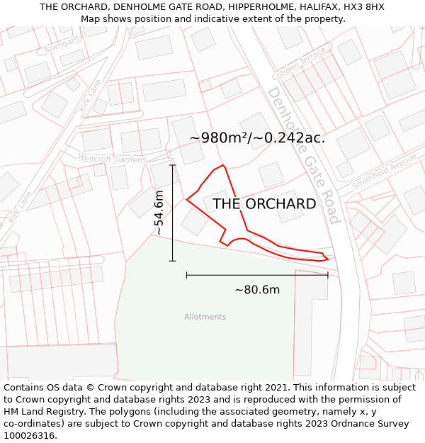 THE ORCHARD, DENHOLME GATE ROAD, HIPPERHOLME, HALIFAX, HX3 8HX: Plot and title map