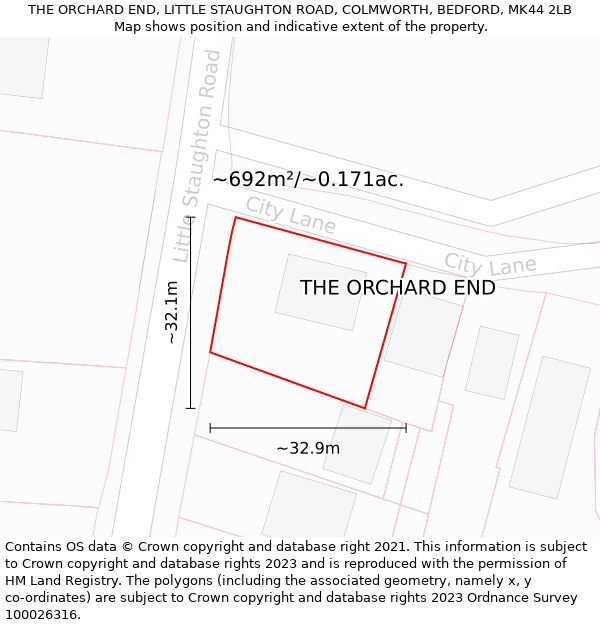 THE ORCHARD END, LITTLE STAUGHTON ROAD, COLMWORTH, BEDFORD, MK44 2LB: Plot and title map