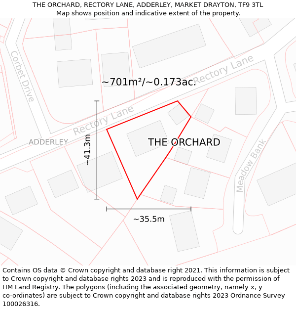 THE ORCHARD, RECTORY LANE, ADDERLEY, MARKET DRAYTON, TF9 3TL: Plot and title map