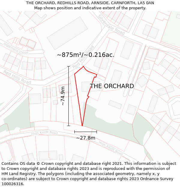 THE ORCHARD, REDHILLS ROAD, ARNSIDE, CARNFORTH, LA5 0AN: Plot and title map