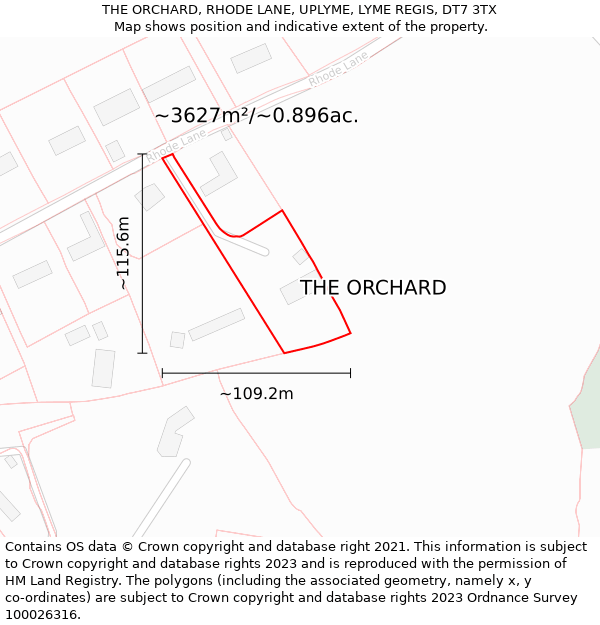 THE ORCHARD, RHODE LANE, UPLYME, LYME REGIS, DT7 3TX: Plot and title map