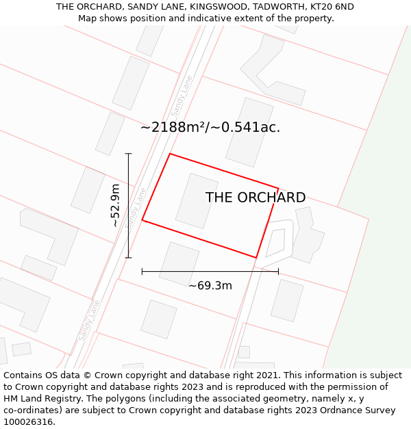 THE ORCHARD, SANDY LANE, KINGSWOOD, TADWORTH, KT20 6ND: Plot and title map