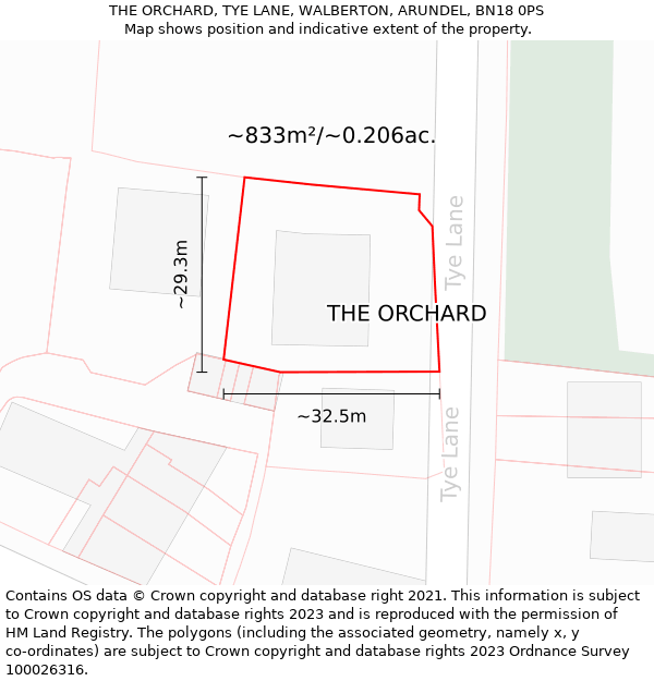 THE ORCHARD, TYE LANE, WALBERTON, ARUNDEL, BN18 0PS: Plot and title map
