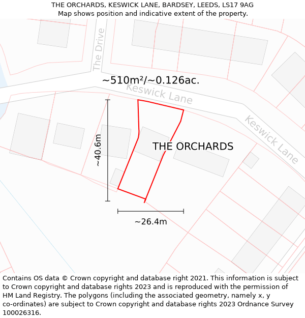 THE ORCHARDS, KESWICK LANE, BARDSEY, LEEDS, LS17 9AG: Plot and title map