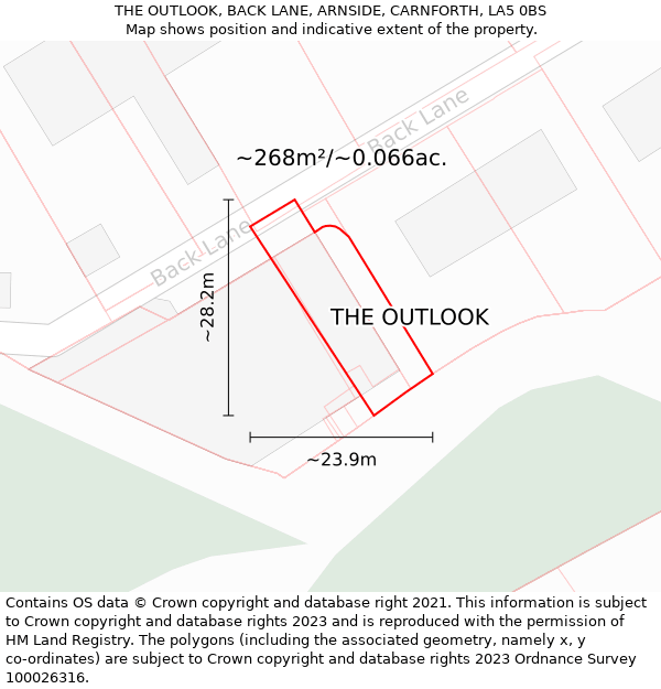 THE OUTLOOK, BACK LANE, ARNSIDE, CARNFORTH, LA5 0BS: Plot and title map