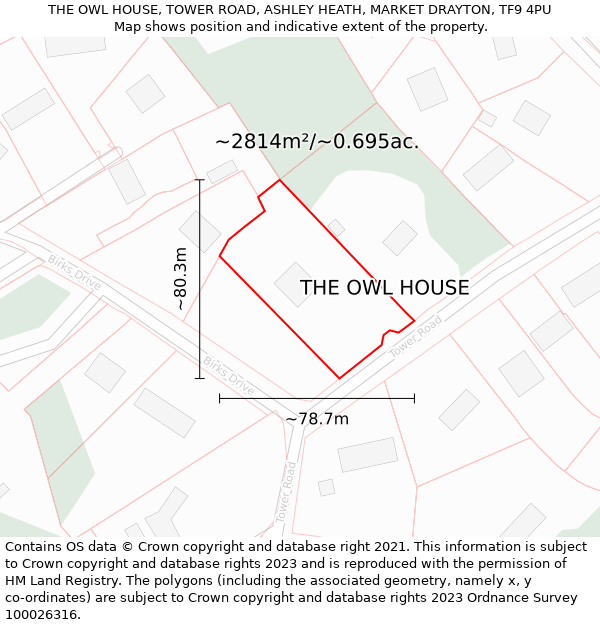 THE OWL HOUSE, TOWER ROAD, ASHLEY HEATH, MARKET DRAYTON, TF9 4PU: Plot and title map