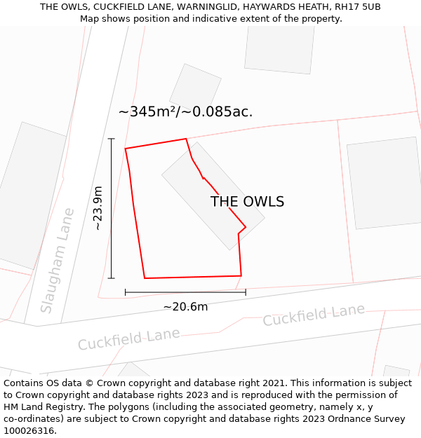 THE OWLS, CUCKFIELD LANE, WARNINGLID, HAYWARDS HEATH, RH17 5UB: Plot and title map