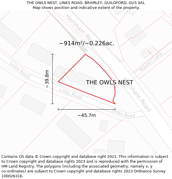 THE OWLS NEST, LINKS ROAD, BRAMLEY, GUILDFORD, GU5 0AL: Plot and title map