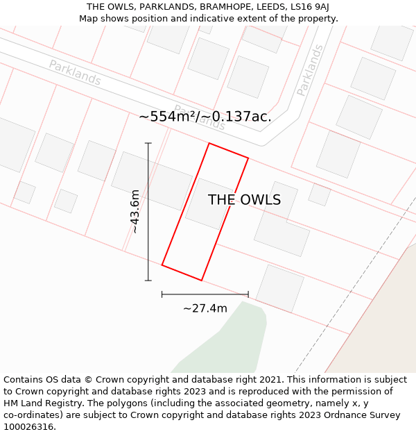 THE OWLS, PARKLANDS, BRAMHOPE, LEEDS, LS16 9AJ: Plot and title map