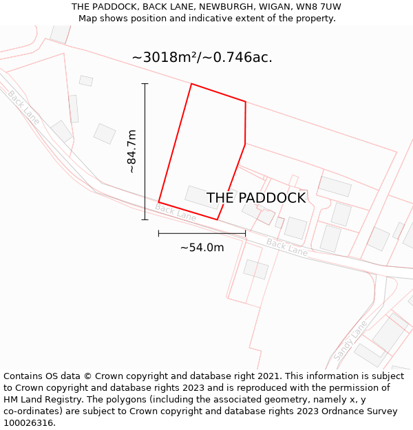 THE PADDOCK, BACK LANE, NEWBURGH, WIGAN, WN8 7UW: Plot and title map