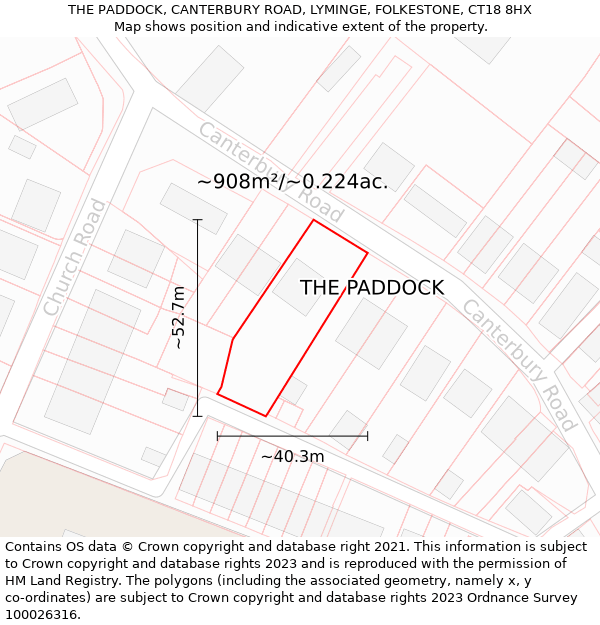 THE PADDOCK, CANTERBURY ROAD, LYMINGE, FOLKESTONE, CT18 8HX: Plot and title map