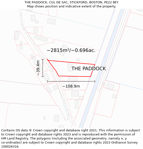 THE PADDOCK, CUL DE SAC, STICKFORD, BOSTON, PE22 8EY: Plot and title map