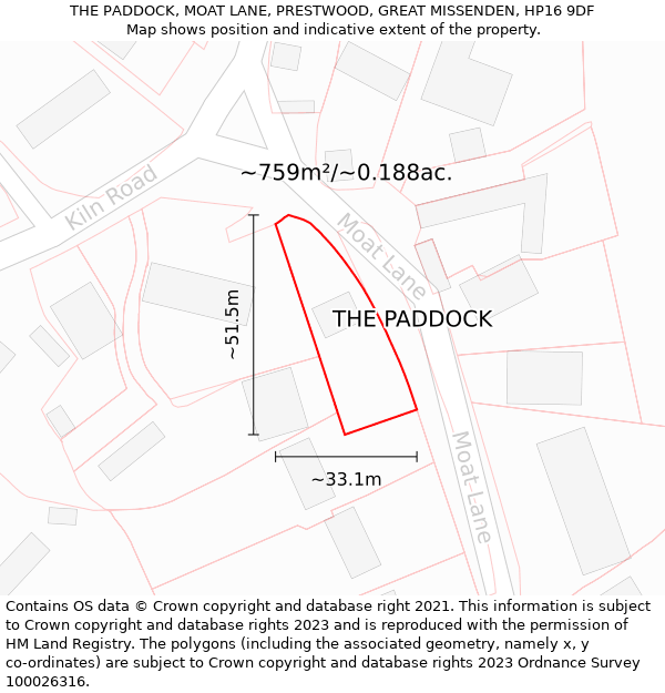 THE PADDOCK, MOAT LANE, PRESTWOOD, GREAT MISSENDEN, HP16 9DF: Plot and title map