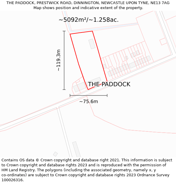 THE PADDOCK, PRESTWICK ROAD, DINNINGTON, NEWCASTLE UPON TYNE, NE13 7AG: Plot and title map