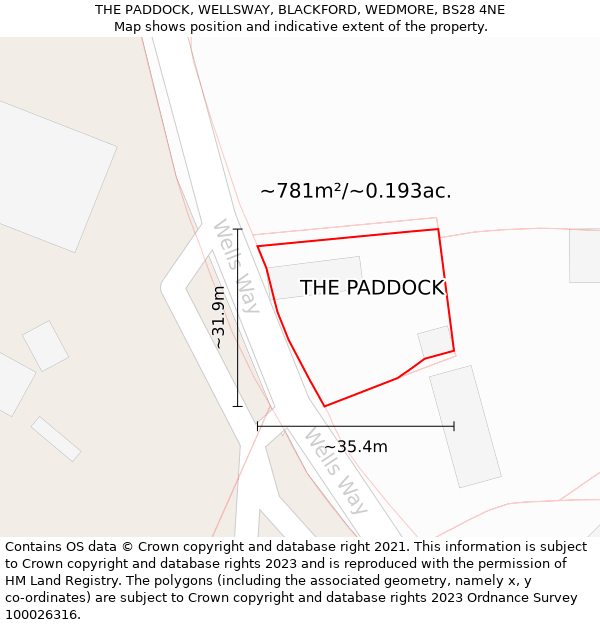 THE PADDOCK, WELLSWAY, BLACKFORD, WEDMORE, BS28 4NE: Plot and title map
