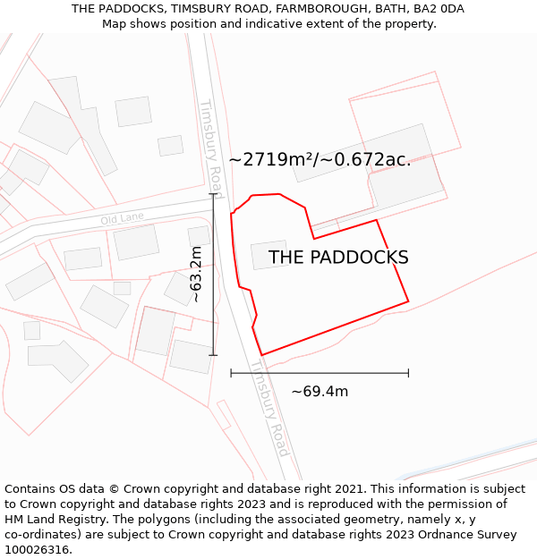 THE PADDOCKS, TIMSBURY ROAD, FARMBOROUGH, BATH, BA2 0DA: Plot and title map