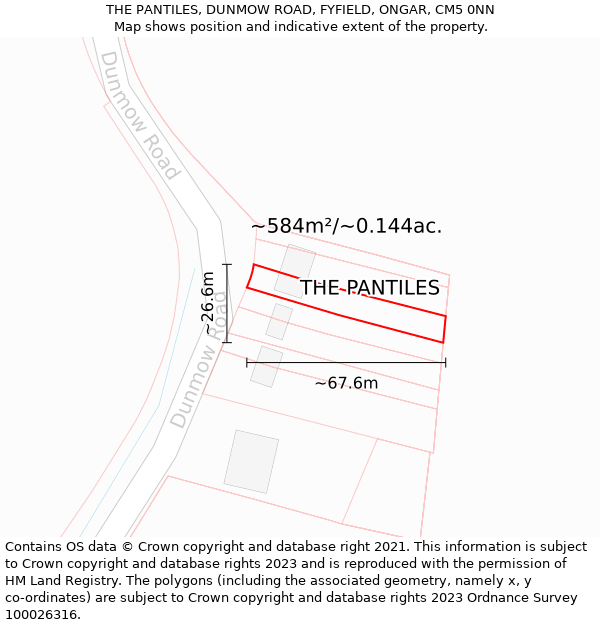 THE PANTILES, DUNMOW ROAD, FYFIELD, ONGAR, CM5 0NN: Plot and title map