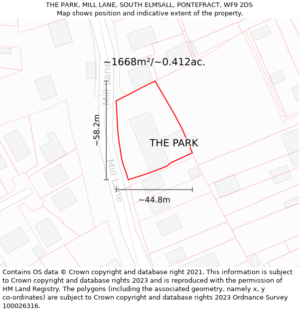 THE PARK, MILL LANE, SOUTH ELMSALL, PONTEFRACT, WF9 2DS: Plot and title map