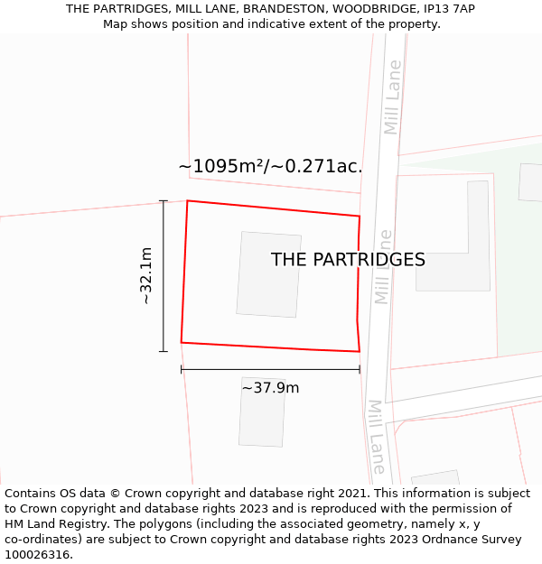 THE PARTRIDGES, MILL LANE, BRANDESTON, WOODBRIDGE, IP13 7AP: Plot and title map