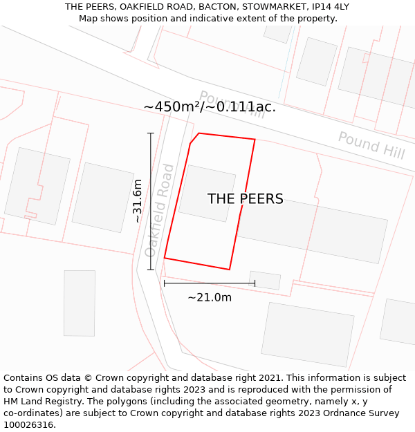 THE PEERS, OAKFIELD ROAD, BACTON, STOWMARKET, IP14 4LY: Plot and title map