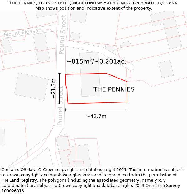 THE PENNIES, POUND STREET, MORETONHAMPSTEAD, NEWTON ABBOT, TQ13 8NX: Plot and title map