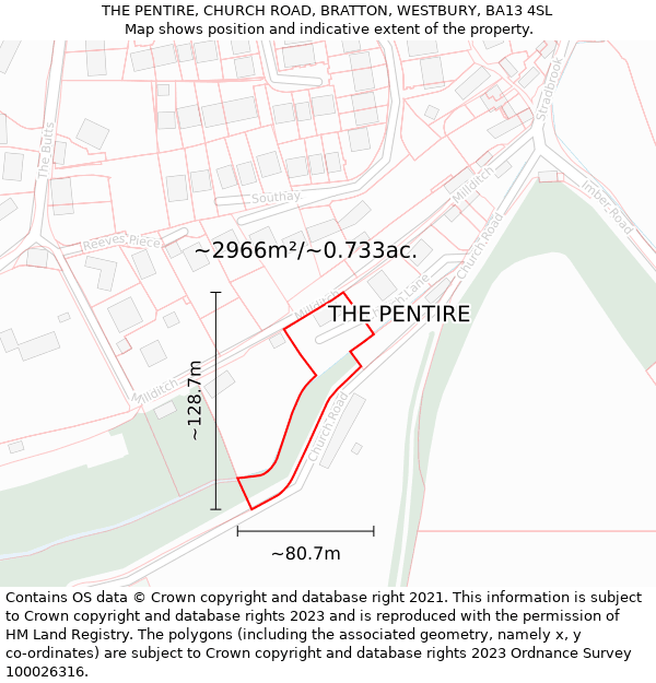 THE PENTIRE, CHURCH ROAD, BRATTON, WESTBURY, BA13 4SL: Plot and title map