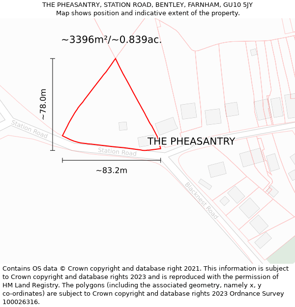 THE PHEASANTRY, STATION ROAD, BENTLEY, FARNHAM, GU10 5JY: Plot and title map