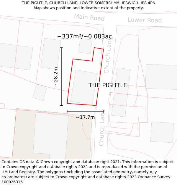 THE PIGHTLE, CHURCH LANE, LOWER SOMERSHAM, IPSWICH, IP8 4PN: Plot and title map