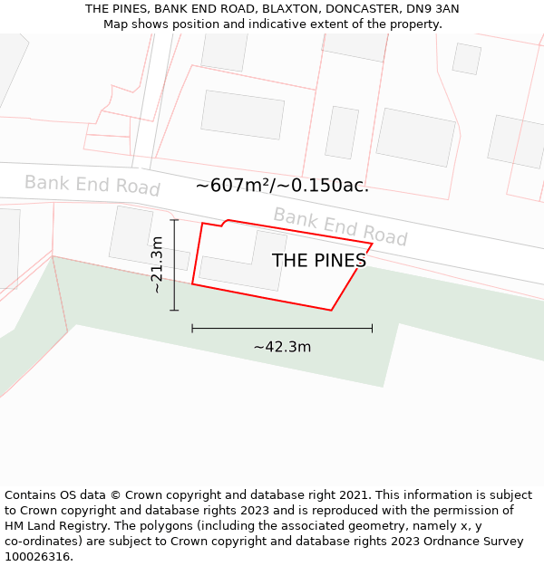 THE PINES, BANK END ROAD, BLAXTON, DONCASTER, DN9 3AN: Plot and title map