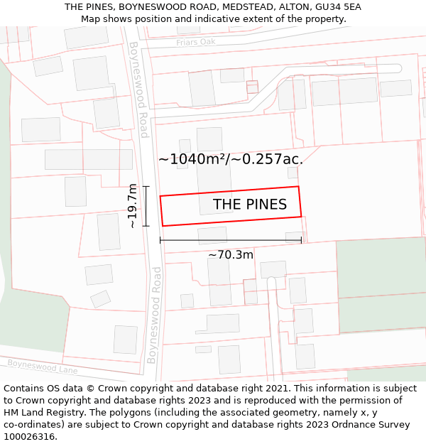 THE PINES, BOYNESWOOD ROAD, MEDSTEAD, ALTON, GU34 5EA: Plot and title map